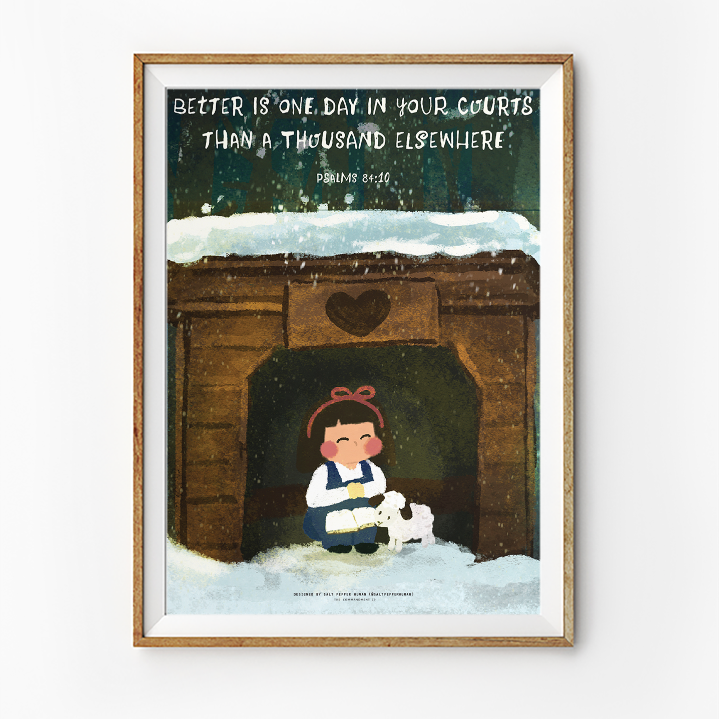 Christian poster featuring Psalm 84:10 “Better is one day in Your courts than a thousand elsewhere,” illustrated girl and lamb by wooden house.