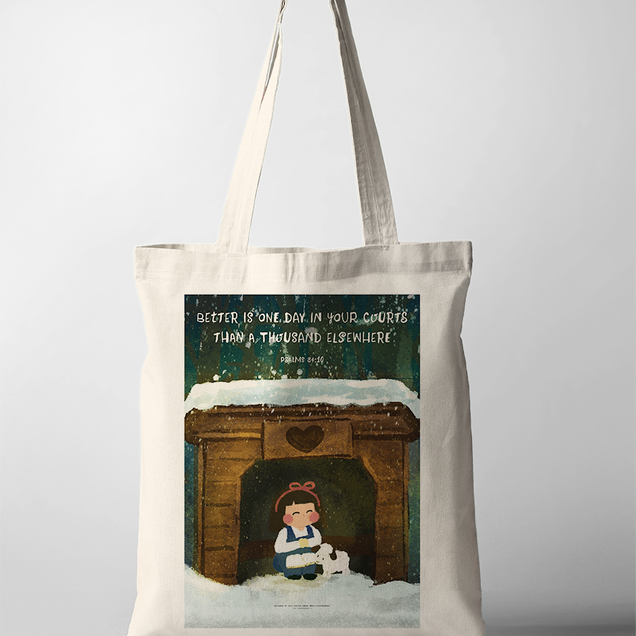 Christian tote bag featuring Psalm 84:10 “A single day in your courts is better than a thousand anywhere else,” illustrated girl with lamb design, faith-inspired canvas bag.