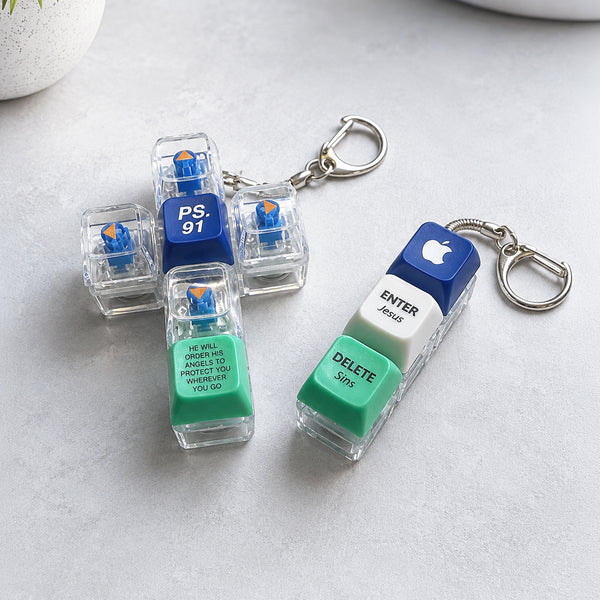 Psalm 91 and Enter Jesus Delete Sins light-up keycap keychains together