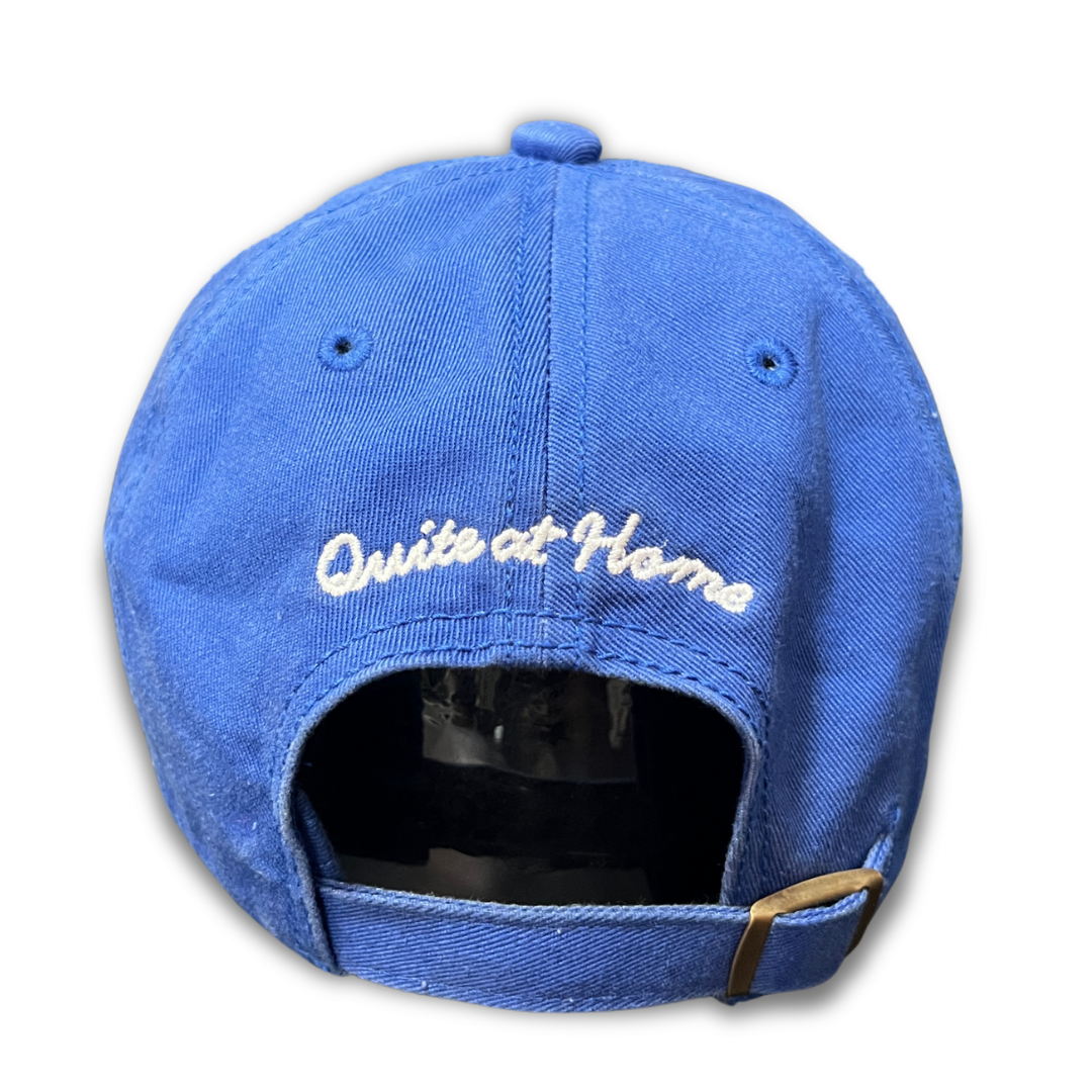 Back view of Designs & Wonders blue cap with Quite at Home embroidery and adjustable strap