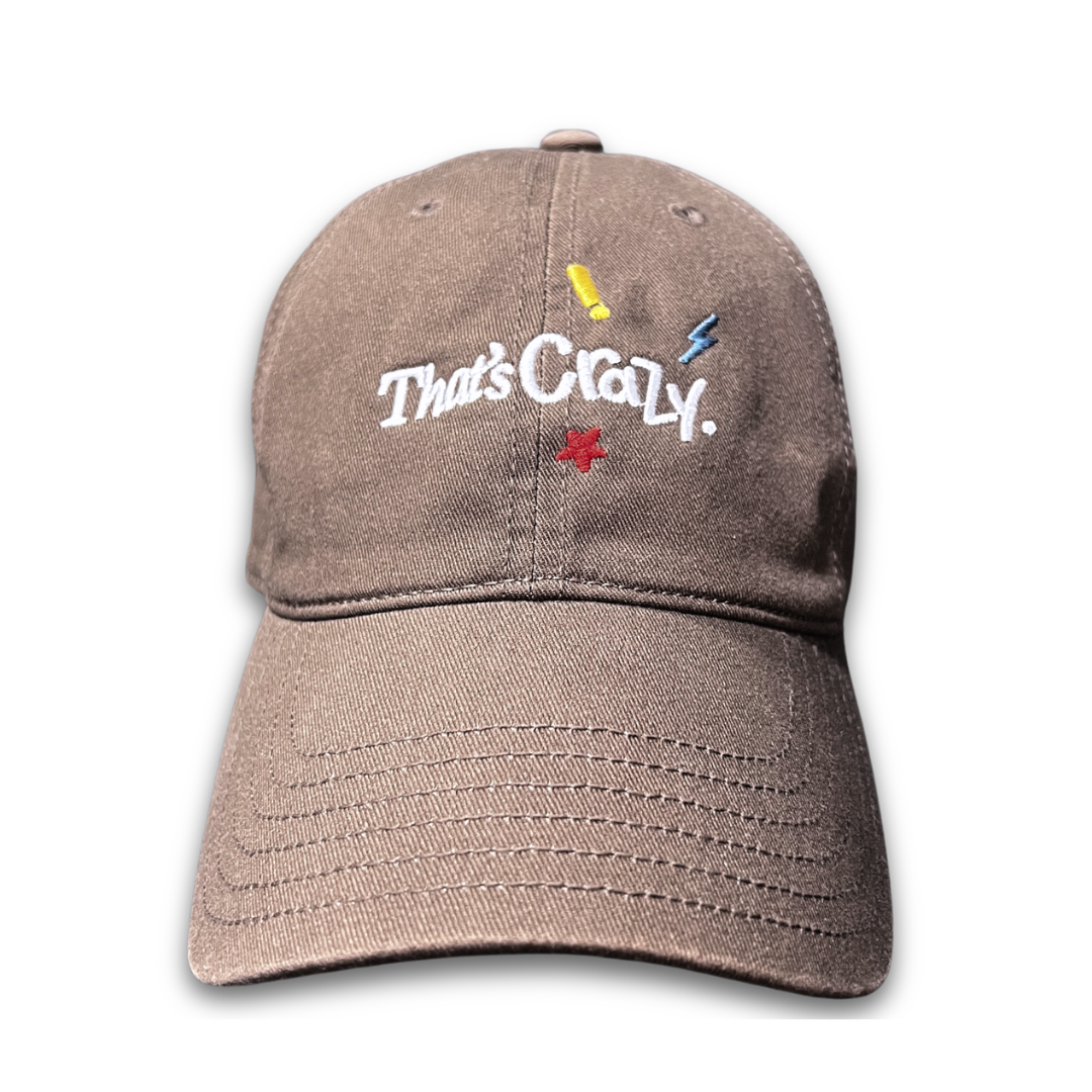 That's Crazy embroidered brown cap by Quite at Home, front view.