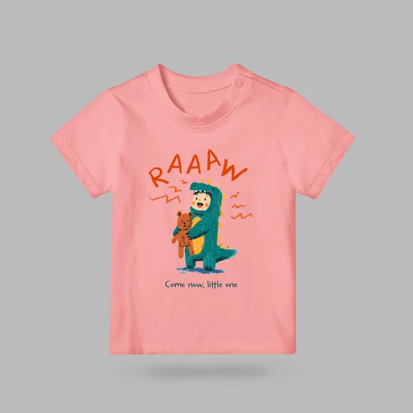 Pink RAAAW Come Now, Little One kids T-shirt featuring a dinosaur costume and teddy bear illustration