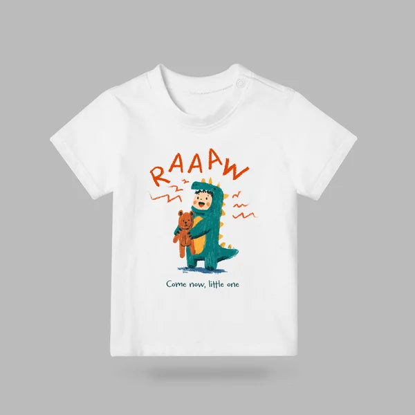 White RAAAW Come Now, Little One kids T-shirt with child in dinosaur costume holding a teddy bear