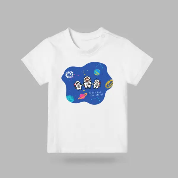 White kids’ T-shirt featuring Jesus and two children dressed as astronauts with the words Reach for the stars