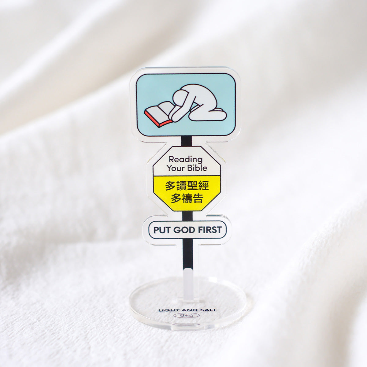 Acrylic desk sign featuring 'Reading Your Bible' and 'Put God First' messages in pastel colors, perfect for Christian inspirational decor.