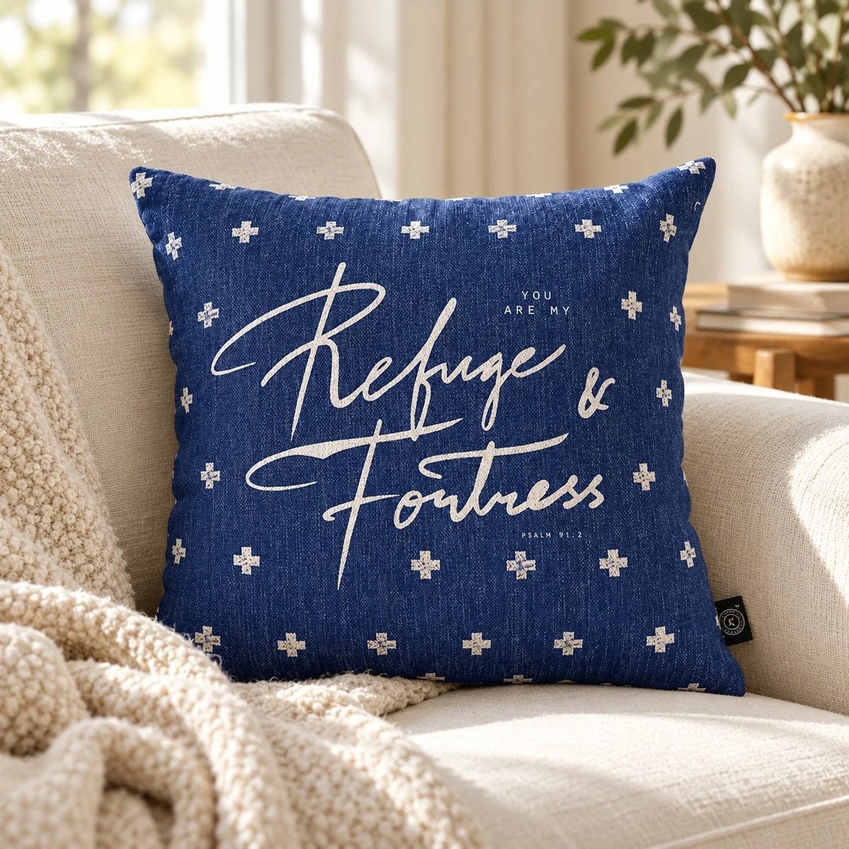 Refuge & Fortress Christian cushion cover in navy blue displayed on a cream sofa.