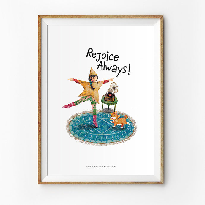 A cheerful and whimsical design of a woman dancing joyfully on a circular rug with the text 'Rejoice Always,' accompanied by a vintage gramophone and a playful dog. A unique find at a Christian Gifts Shop in Singapore.