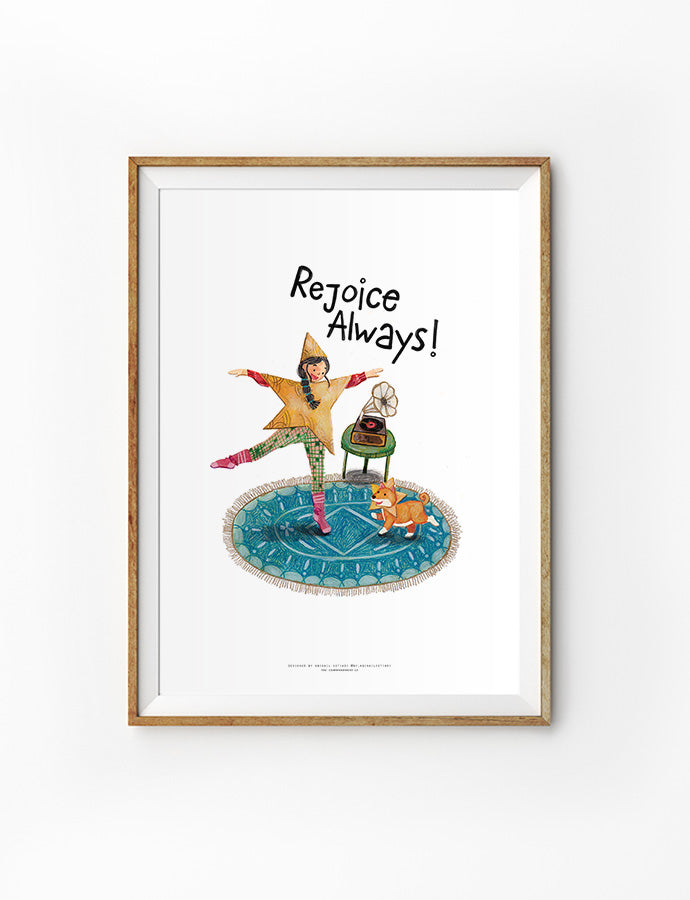 A cheerful and whimsical design of a woman dancing joyfully on a circular rug with the text 'Rejoice Always,' accompanied by a vintage gramophone and a playful dog. A unique find at a Christian Gifts Shop in Singapore.