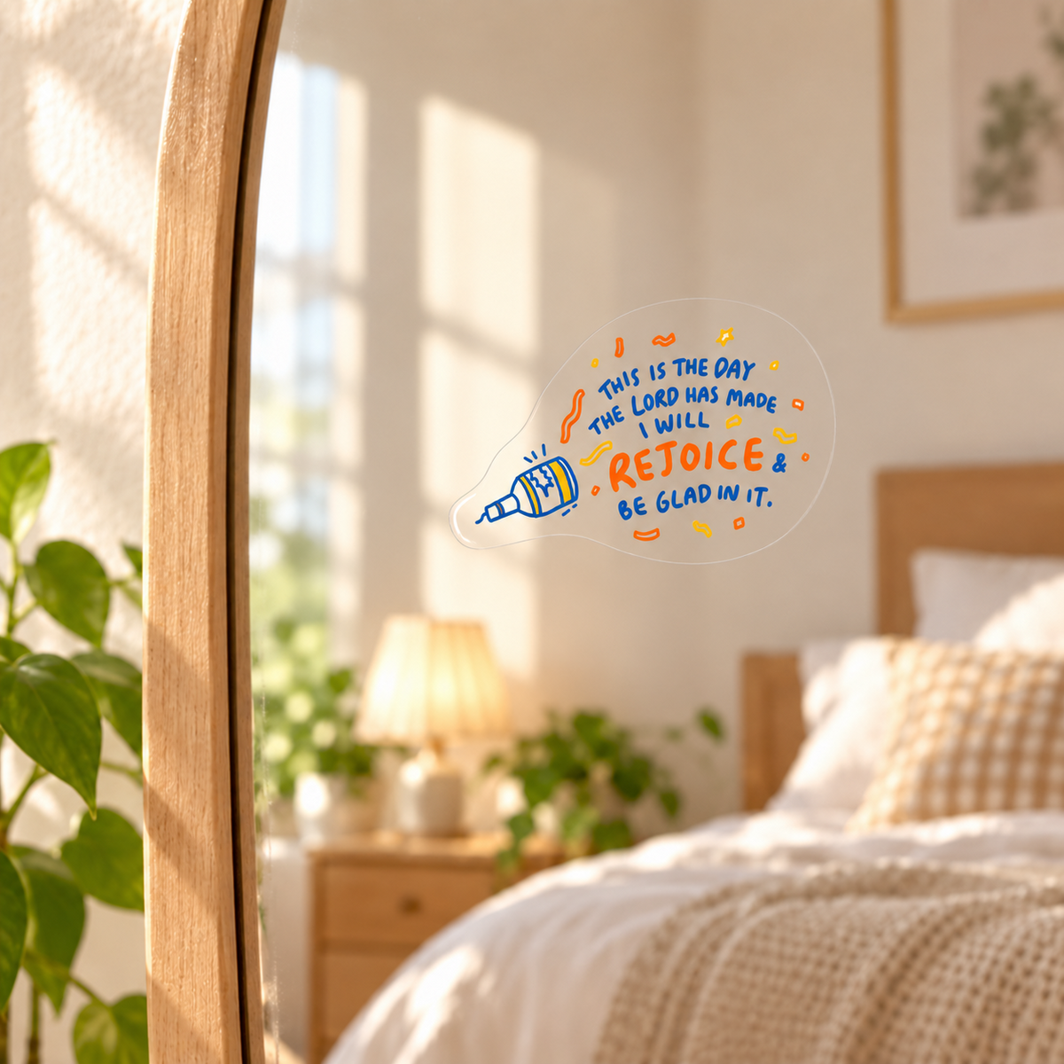 Transparent Rejoice Christian mirror decal with Psalm 118:24 lettering on a bedroom mirror in warm morning light