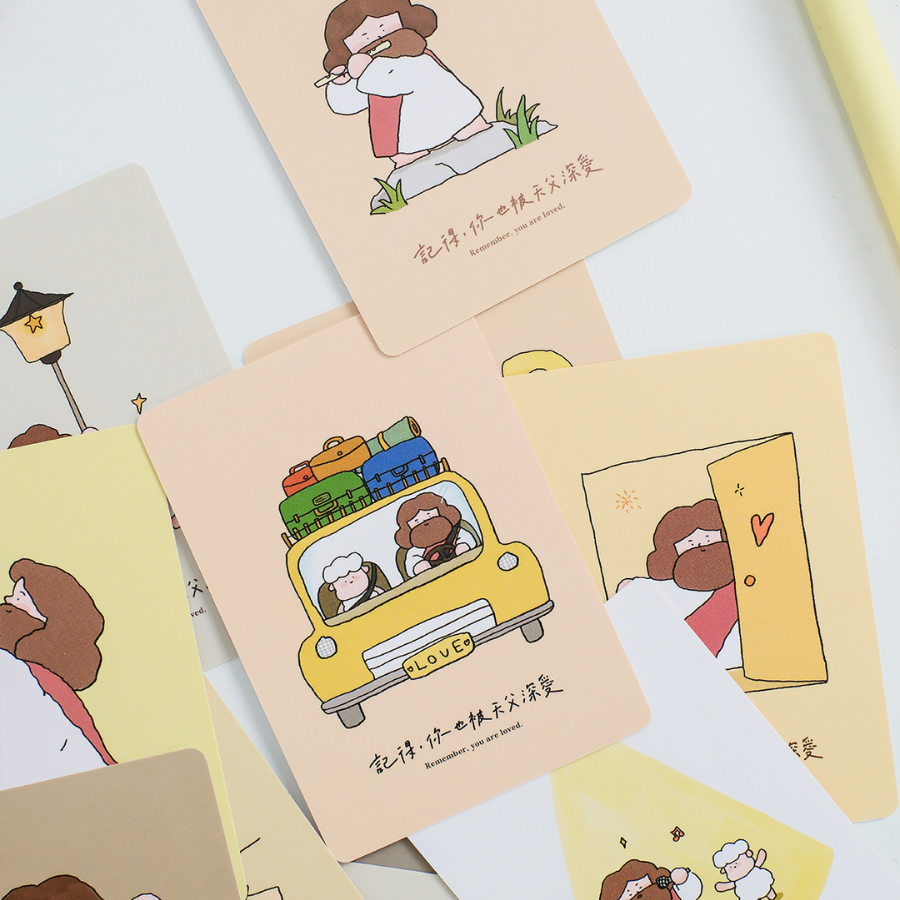 A cheerful collection of "Remember you are loved" mini cards featuring cute, uplifting illustrations of Jesus and sheep, perfect for sharing encouragement and simple happiness, inspired by Christian faith.