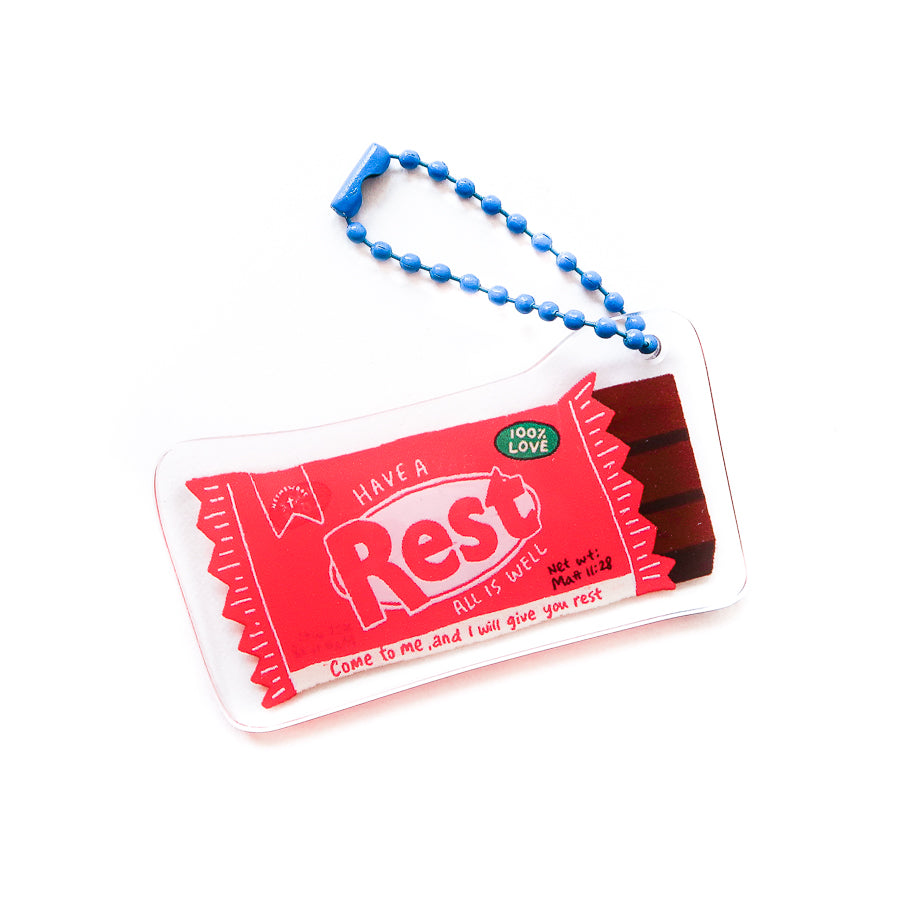 Rest Chocolate Bar acrylic keychain from the Love Supermarket collection.