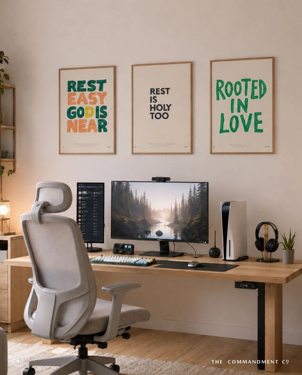 Rest Easy God Is Near Christian poster displayed with coordinating faith posters above a modern home office desk