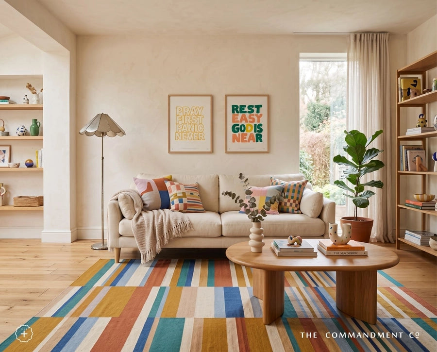 Rest Easy God Is Near Christian poster displayed beside Pray First Panic Never wall art in a bright colourful living room