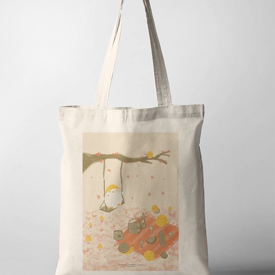 Rest for Your Soul tote bag featuring a peaceful picnic scene with a swing, Christian inspirational accessory from The Commandment Co, Singapore