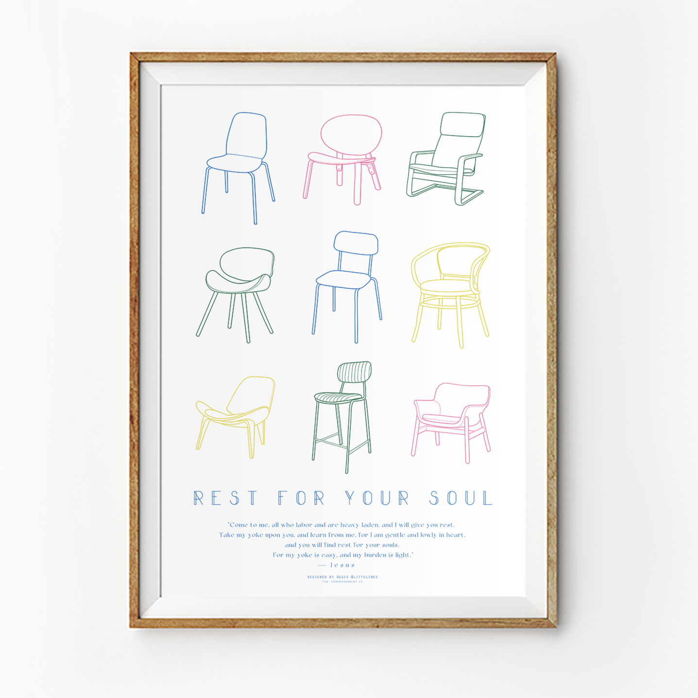 "Rest for Your Soul" poster by Littlulines featuring colorful minimalist chair illustrations and comforting scripture, perfect for Christian home decor and inspiring simple happiness and peace.