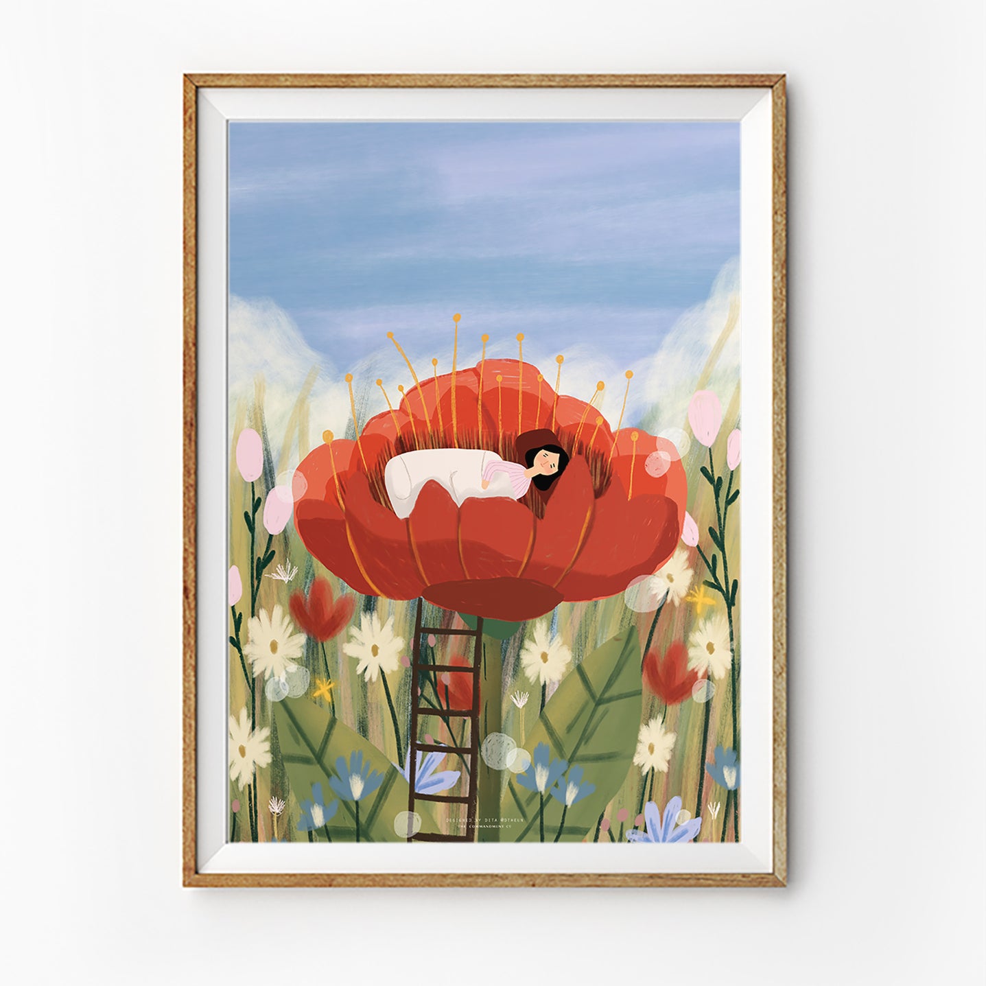 Christian art poster featuring a girl resting inside a large red flower surrounded by a whimsical meadow, dreamy faith-inspired wall art.