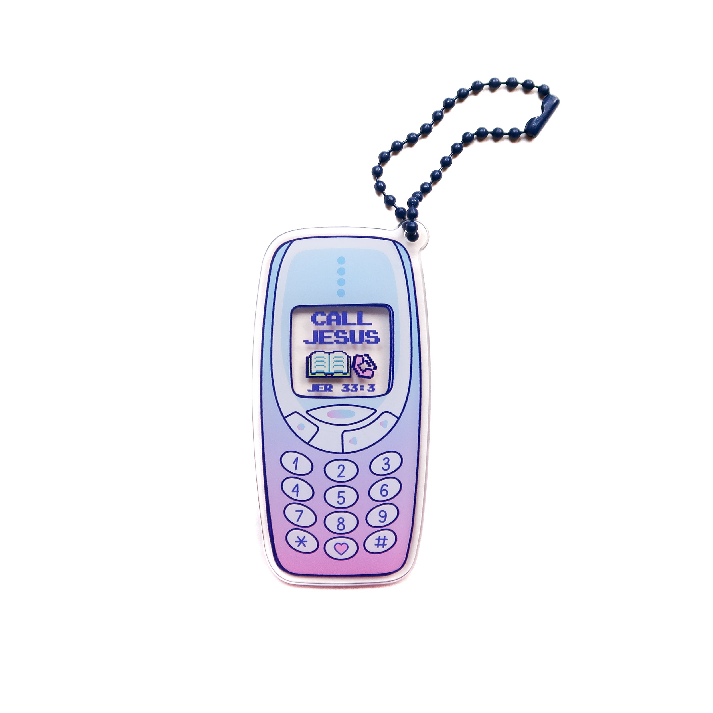 Retro mobile phone acrylic keychain with the screen displaying “CALL JESUS,” 7.03 cm x 3.49 cm, attached to a metal chain