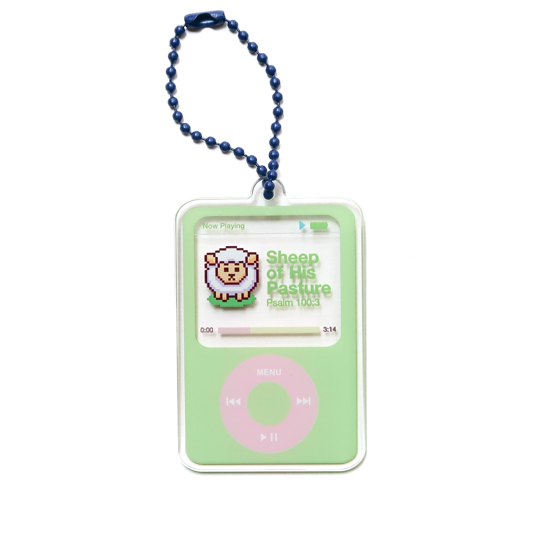 Pastel green retro mobile-phone style acrylic keychain displaying "Sheep of His Pasture" (Psalm 100:3) on the screen, attached to a blue ball-chain.