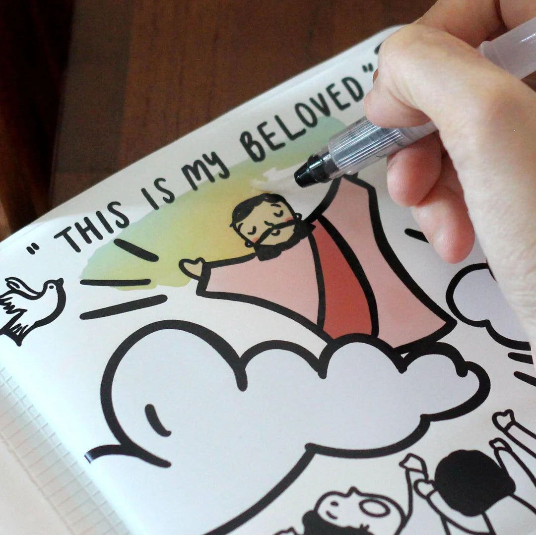 Christian bath book for kids with refillable water brush and faith-based illustrations