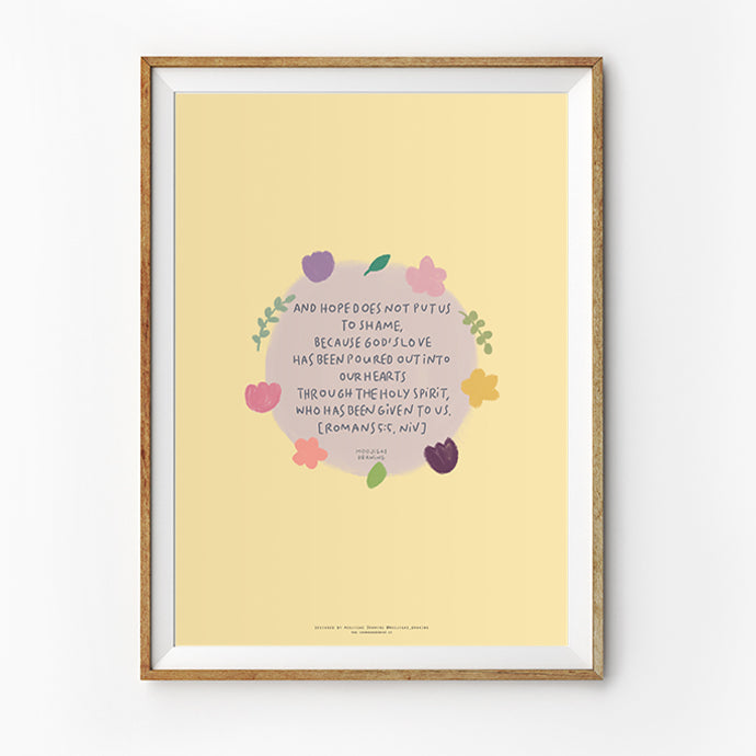 Floral Christian poster featuring Romans 5:5 about God’s love being poured into our hearts through the Holy Spirit