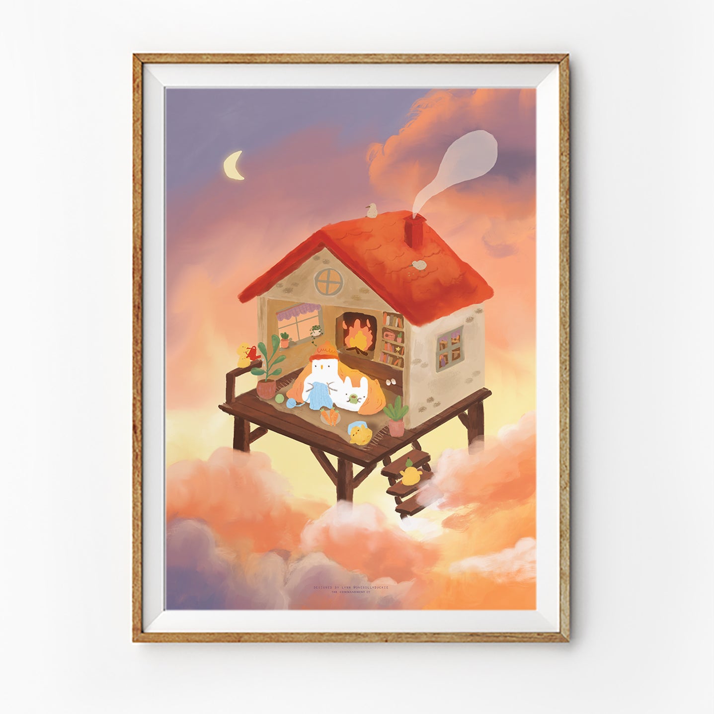 Christian wall art illustration of a cozy home above the clouds with resting sheep, warm glowing fireplace and moonlit sky, designed by Onesillyduckie in collaboration with The Commandment Co, symbolising safety, rest, and God’s care