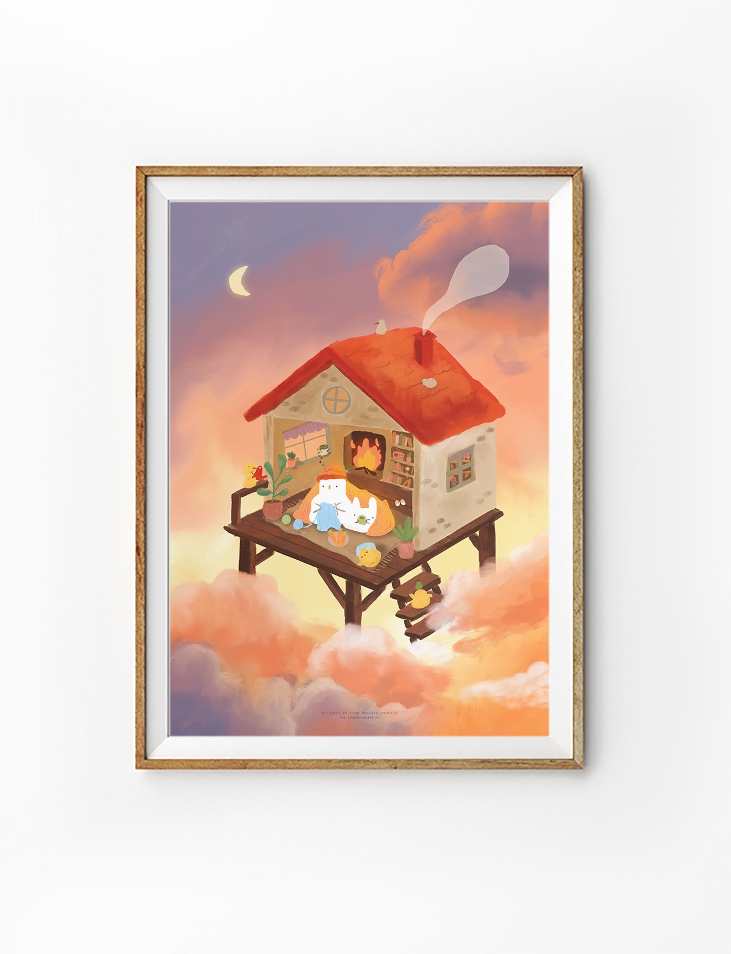 Christian wall art illustration of a cozy home above the clouds with resting sheep, warm glowing fireplace and moonlit sky, designed by Onesillyduckie in collaboration with The Commandment Co, symbolising safety, rest, and God’s care