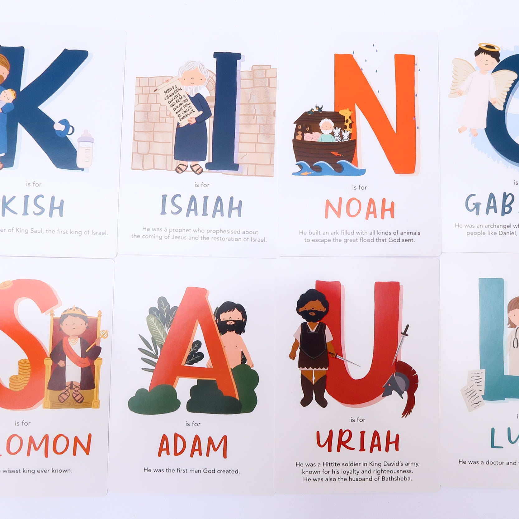 Alphabet Adventures: Bible Characters from A to Z – a Christian flashcard set for kids with colorful illustrations of biblical figures, perfect for learning and gifting.