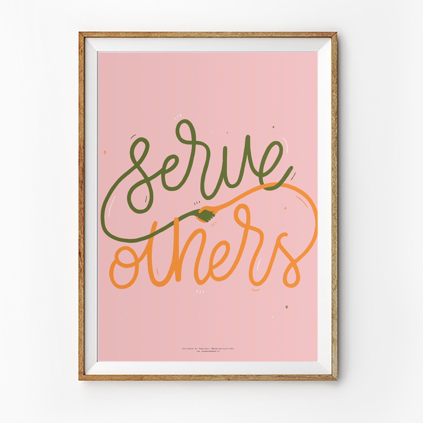 Christian poster featuring “Serve others” with hand-lettered text and a small handshake illustration