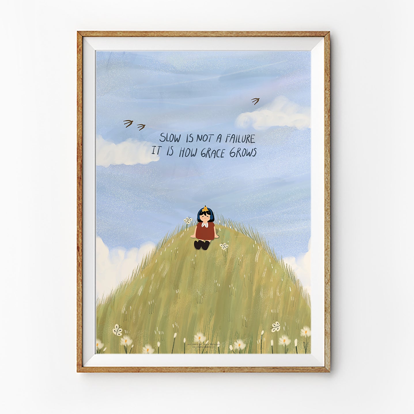 Christian encouragement poster featuring the phrase “Slow is not a failure, it is how grace grows” with a girl sitting on a grassy hill under a blue sky.