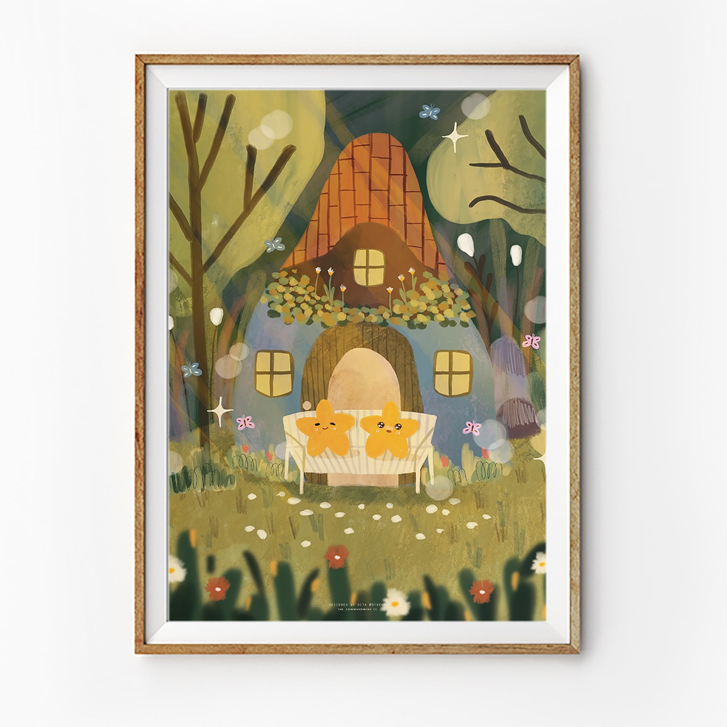 Whimsical Christian art poster featuring two smiling stars on a bench in front of a cozy cottage in an enchanted garden.