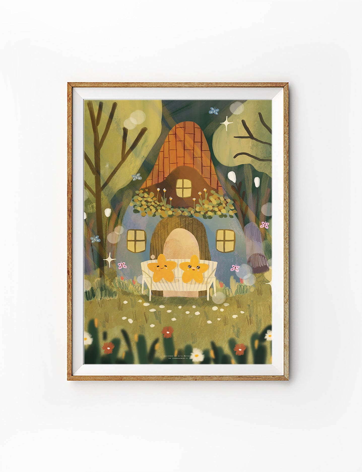 Whimsical Christian art poster featuring two smiling stars on a bench in front of a cozy cottage in an enchanted garden.