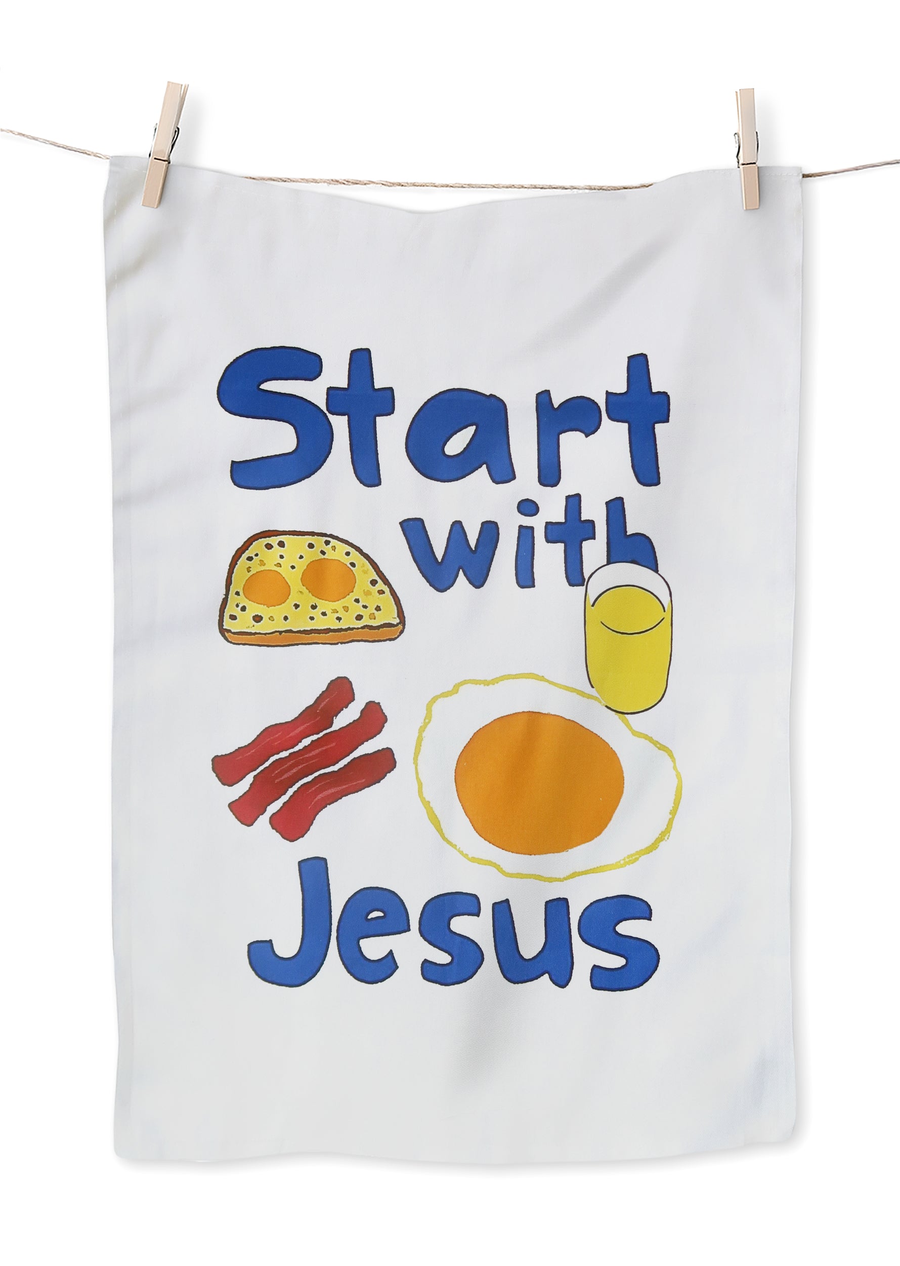 Start with Jesus tea towel featuring blue typography and breakfast icons (toast, egg, bacon, cup) on a white towel; a Christian home decor gift.
