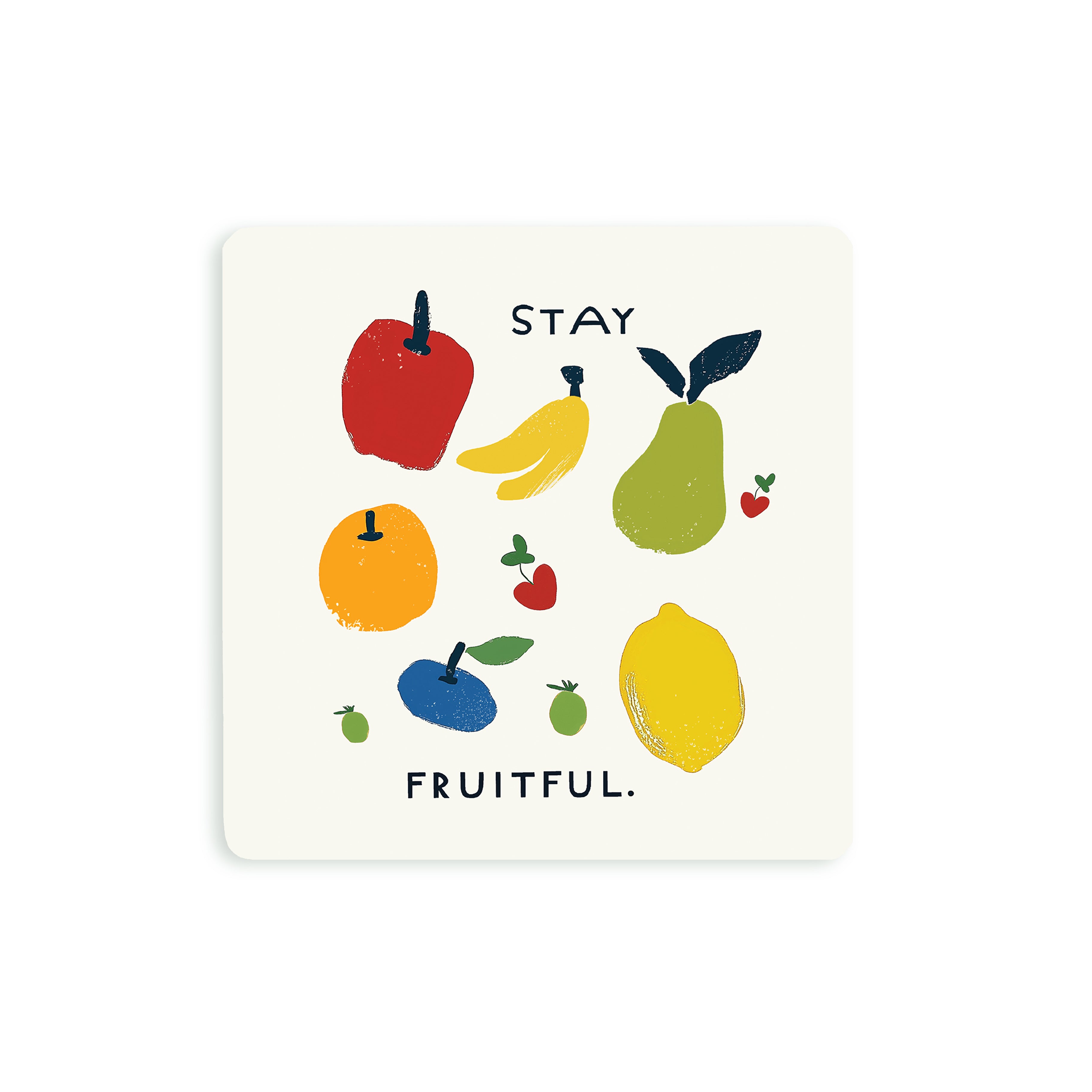 Christian coaster featuring colorful illustrated fruits with the phrase “Stay Fruitful,” inspired by John 15:5 about abiding in Christ and bearing fruit.
