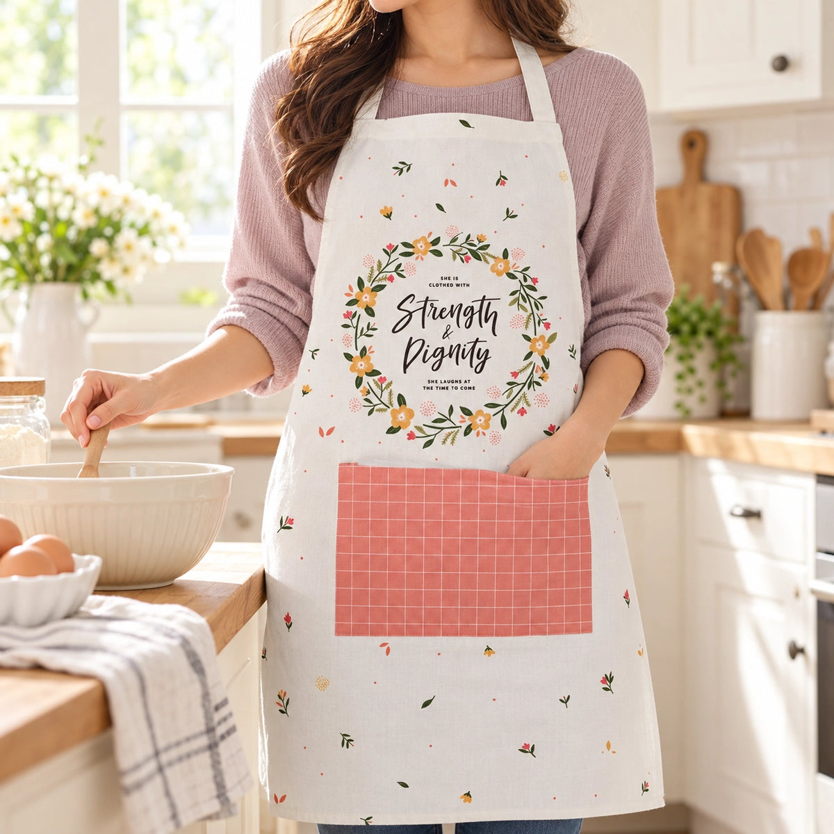 Strength and Dignity Christian apron with floral wreath and pink pocket worn in a bright home kitchen