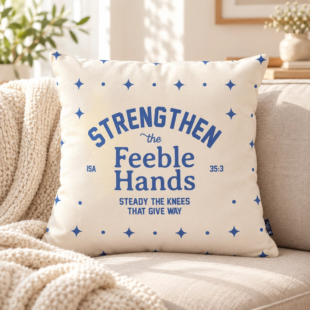 Strengthen the Feeble Hands Isaiah 35:3 cushion cover styled on a sunlit sofa