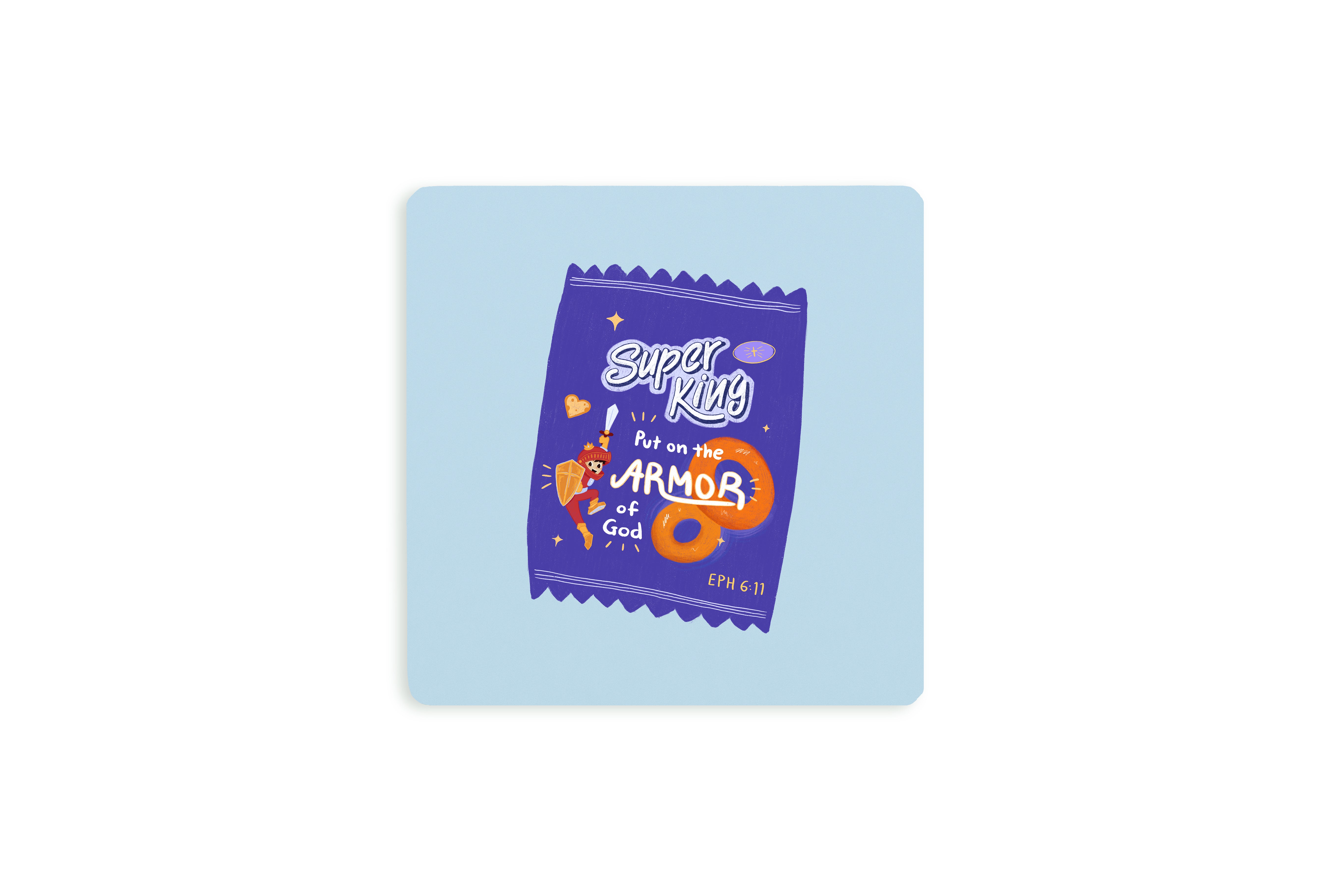 Christian coaster featuring a purple snack-style packaging labeled “Super King – Put on the Armor of God,” inspired by Ephesians 6:11, with fun illustrated elements on a light blue background.