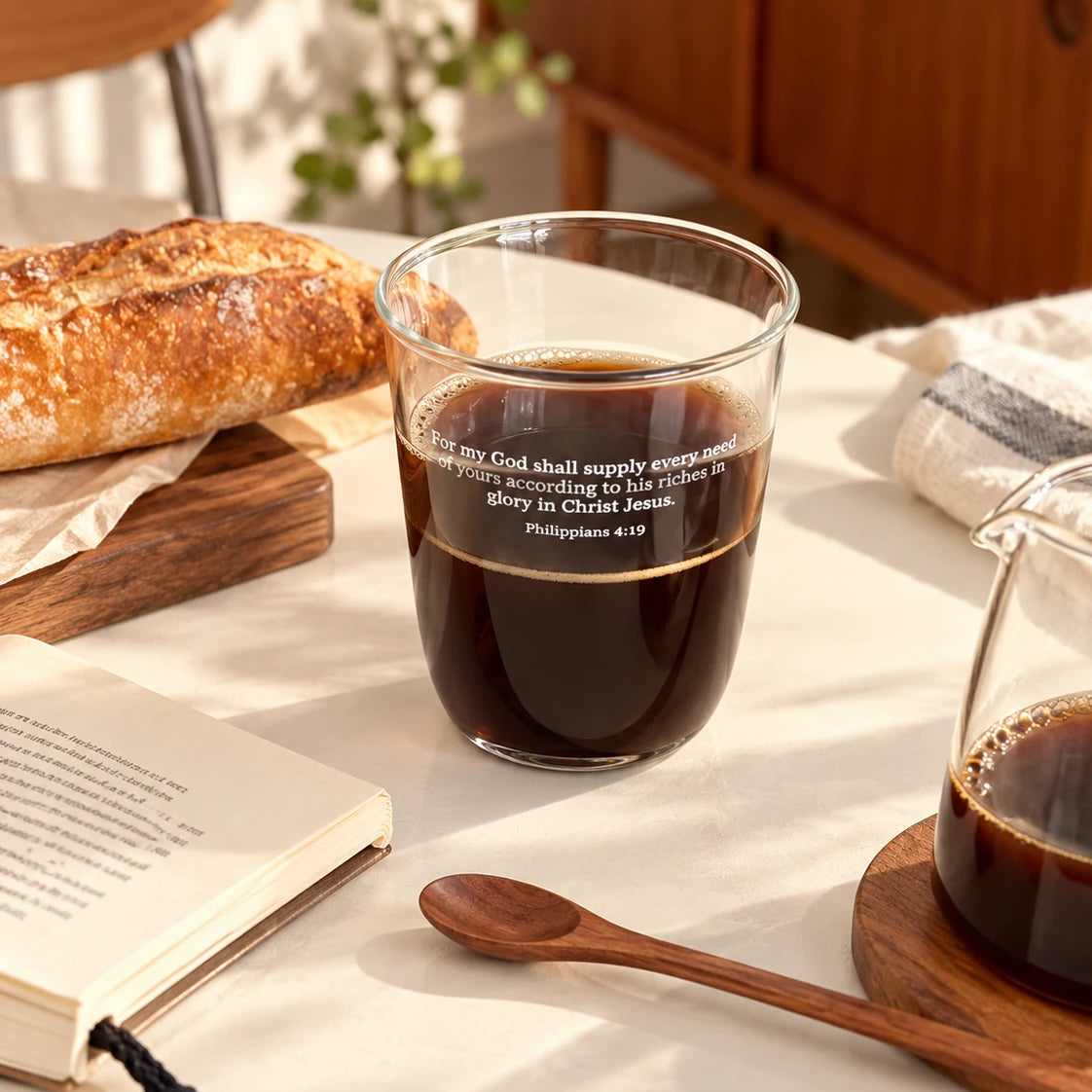 Supply All Your Needs Philippians 4:19 clear glass cup filled with coffee beside bread and a book on a sunlit table