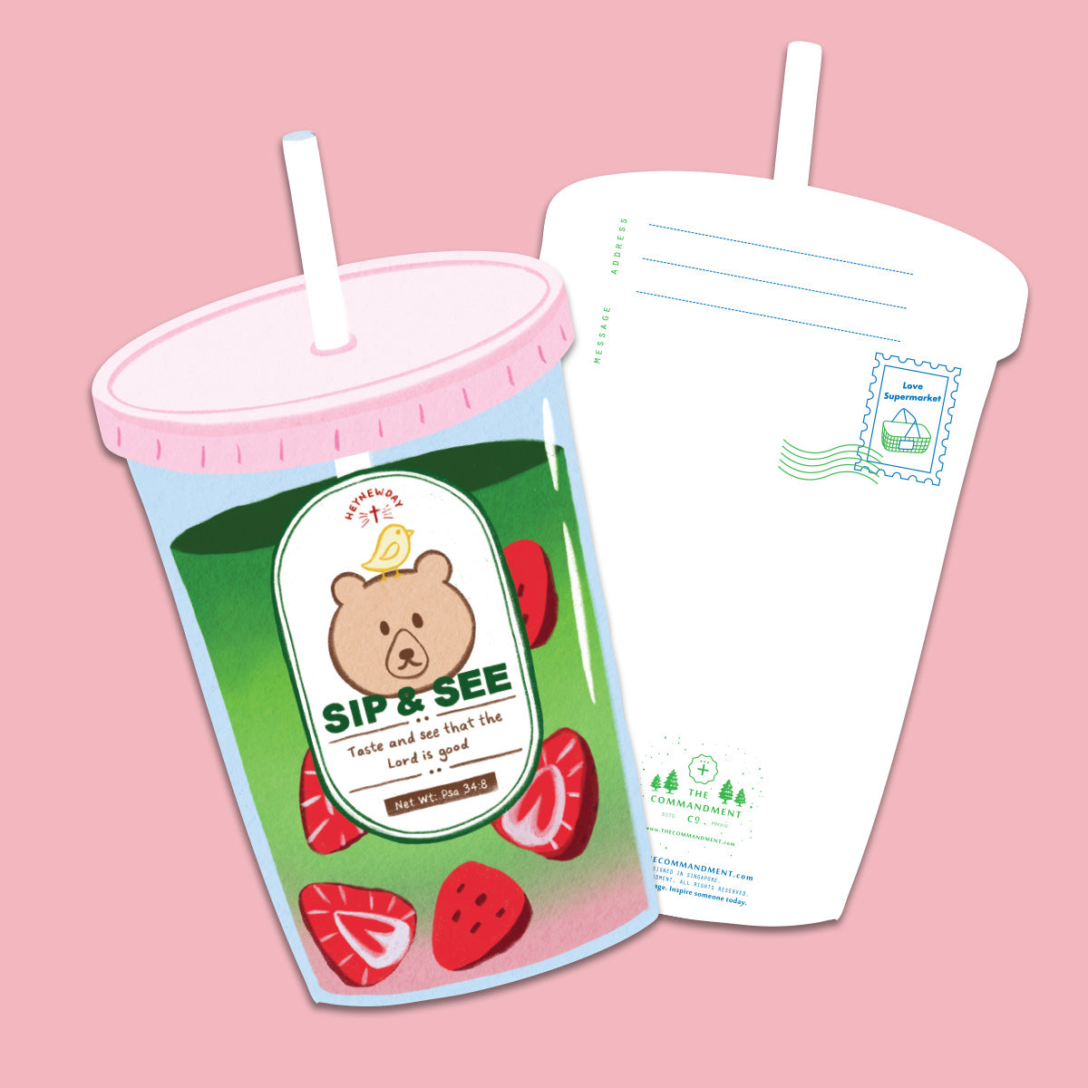 Christian postcard shaped like a strawberry matcha drink cup with a cute bear illustration and the verse “Taste and see that the Lord is good” from Psalm 34:8.