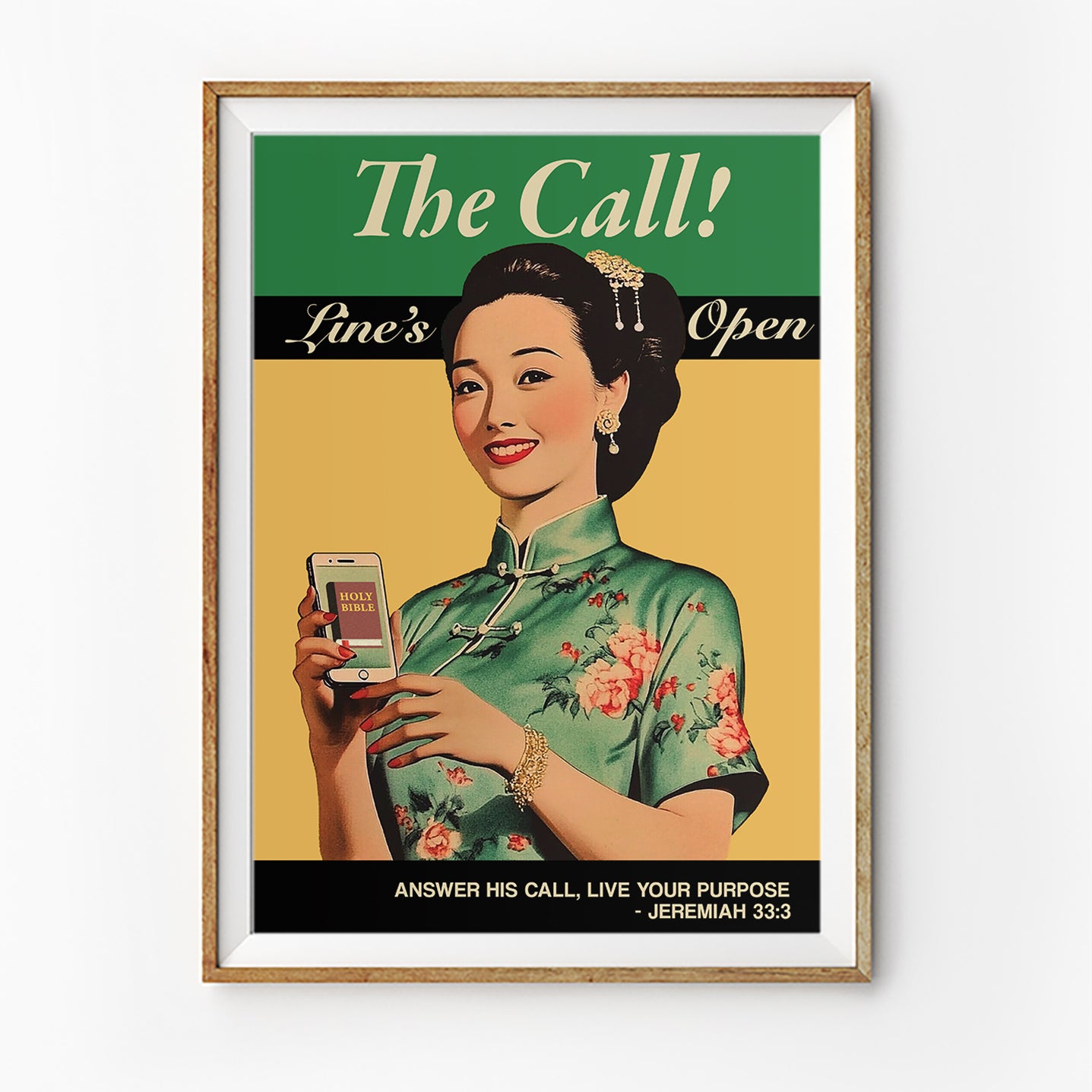 Retro Christian poster with woman in cheongsam holding smartphone displaying Holy Bible, Jeremiah 33:3, The Call, by The Commandment Co