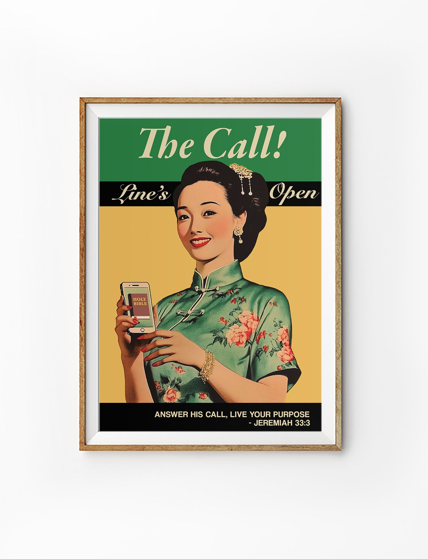 Retro Christian poster with woman in cheongsam holding smartphone displaying Holy Bible, Jeremiah 33:3, The Call, by The Commandment Co