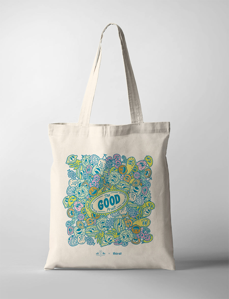 The Good Fruit tote bag with colourful fruit illustration, designed by Thir.st in collaboration with The Commandment Co.