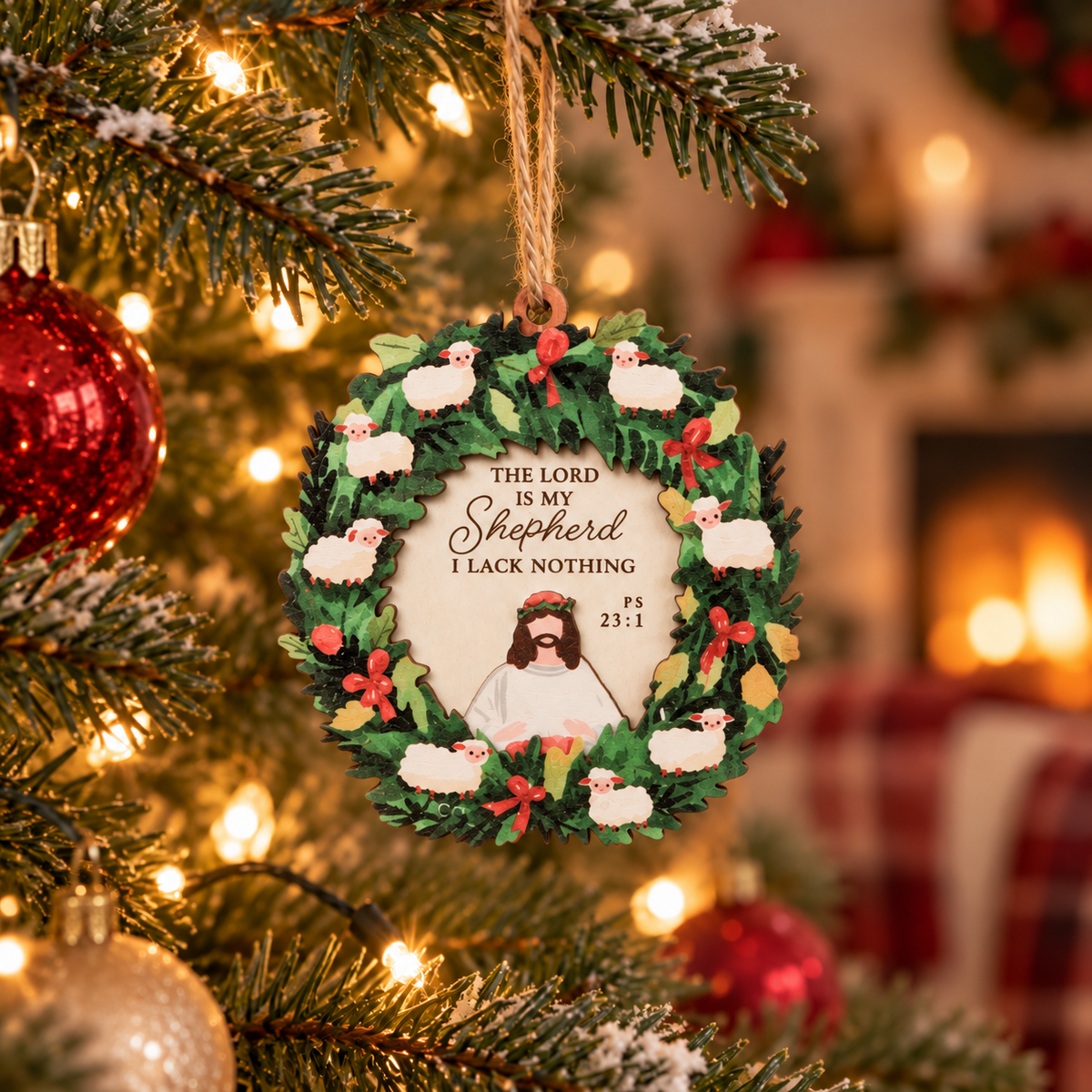 The Lord Is My Shepherd Psalm 23:1 Christmas tree bauble hanging on a lit Christmas tree.