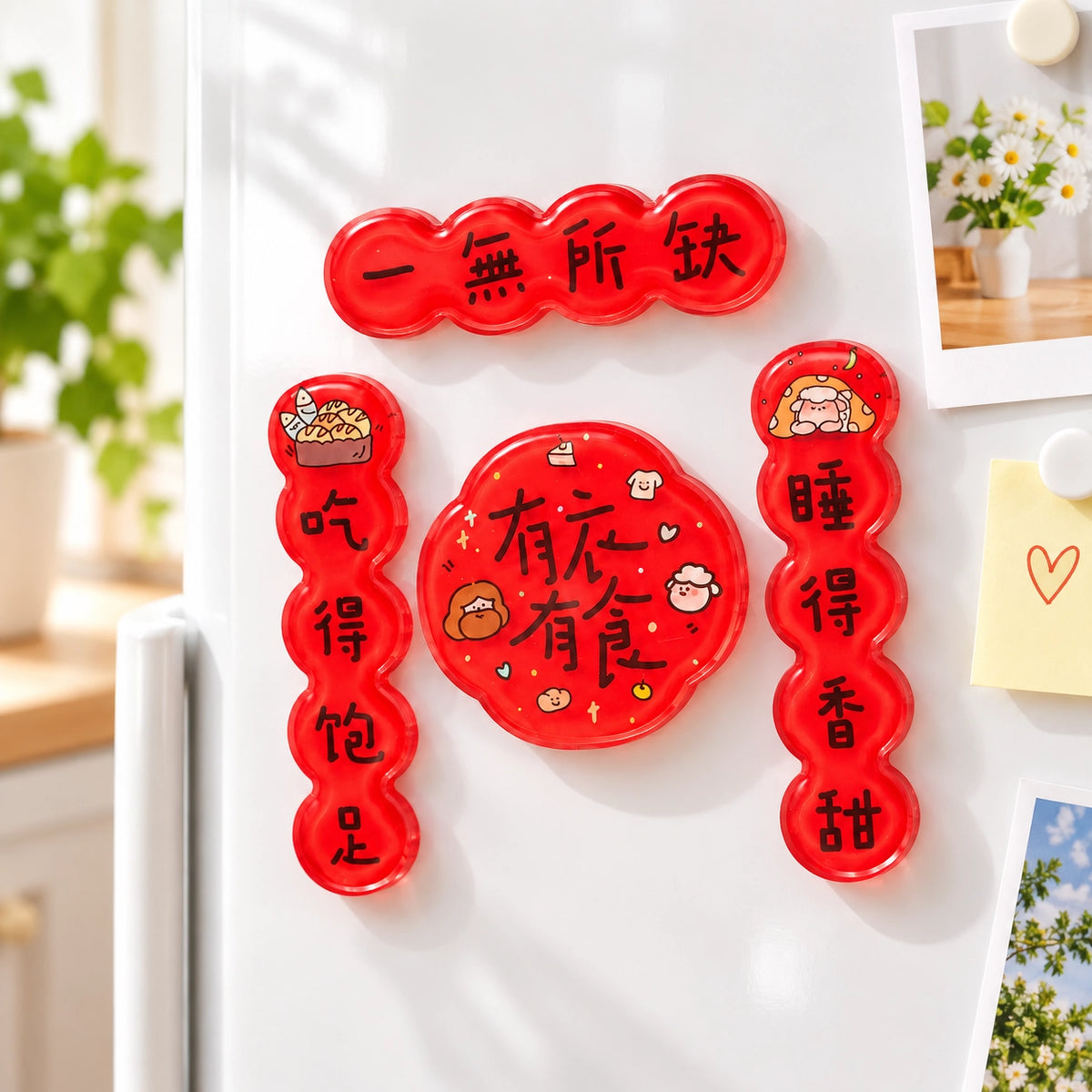 Red Chinese New Year couplet magnet set displayed on a white refrigerator in a bright home.