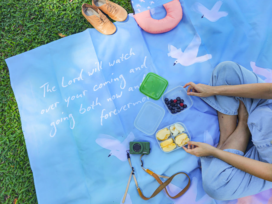 The Lord Will Watch Over Your Coming and Going Christian picnic mat, alternate view.