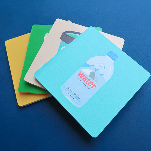 Assorted Love Supermarket Christian wooden coasters.