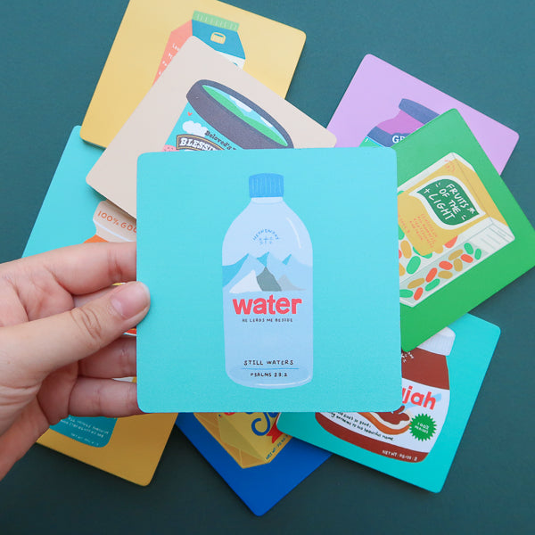 Love Supermarket grocery-inspired Christian coaster assortment.