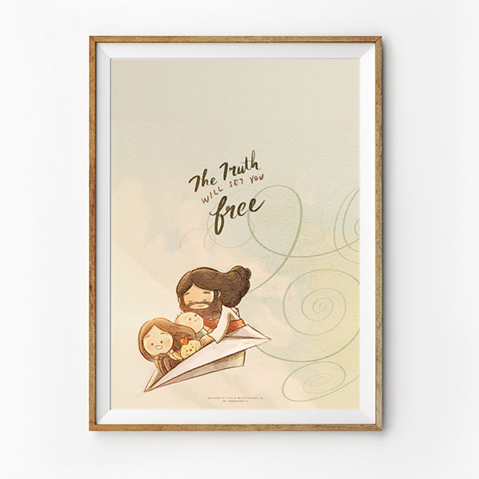 Christian wall art poster featuring Jesus holding children on a paper airplane with the quote “The truth will set you free.” Encouraging Bible-inspired artwork for home decor.
