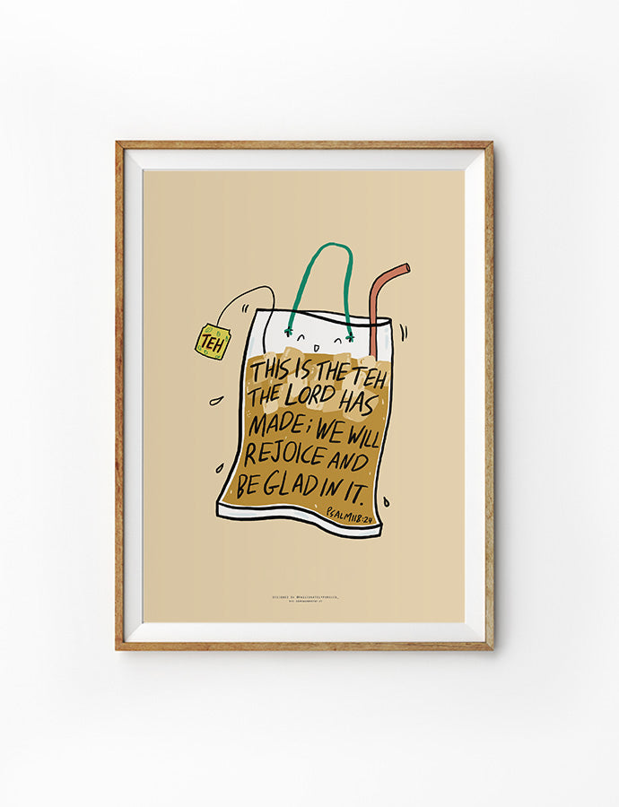 Whimsical framed wall art featuring Psalm 118:24 text 'This is the day the Lord has made' and colorful tea bag design