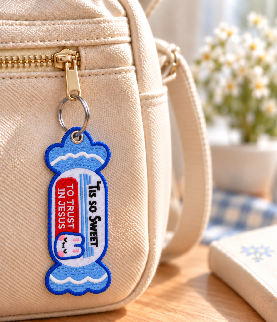 Tis So Sweet to Trust in Jesus blue embroidered candy-shaped Christian keychain hanging vertically from a cream canvas bag