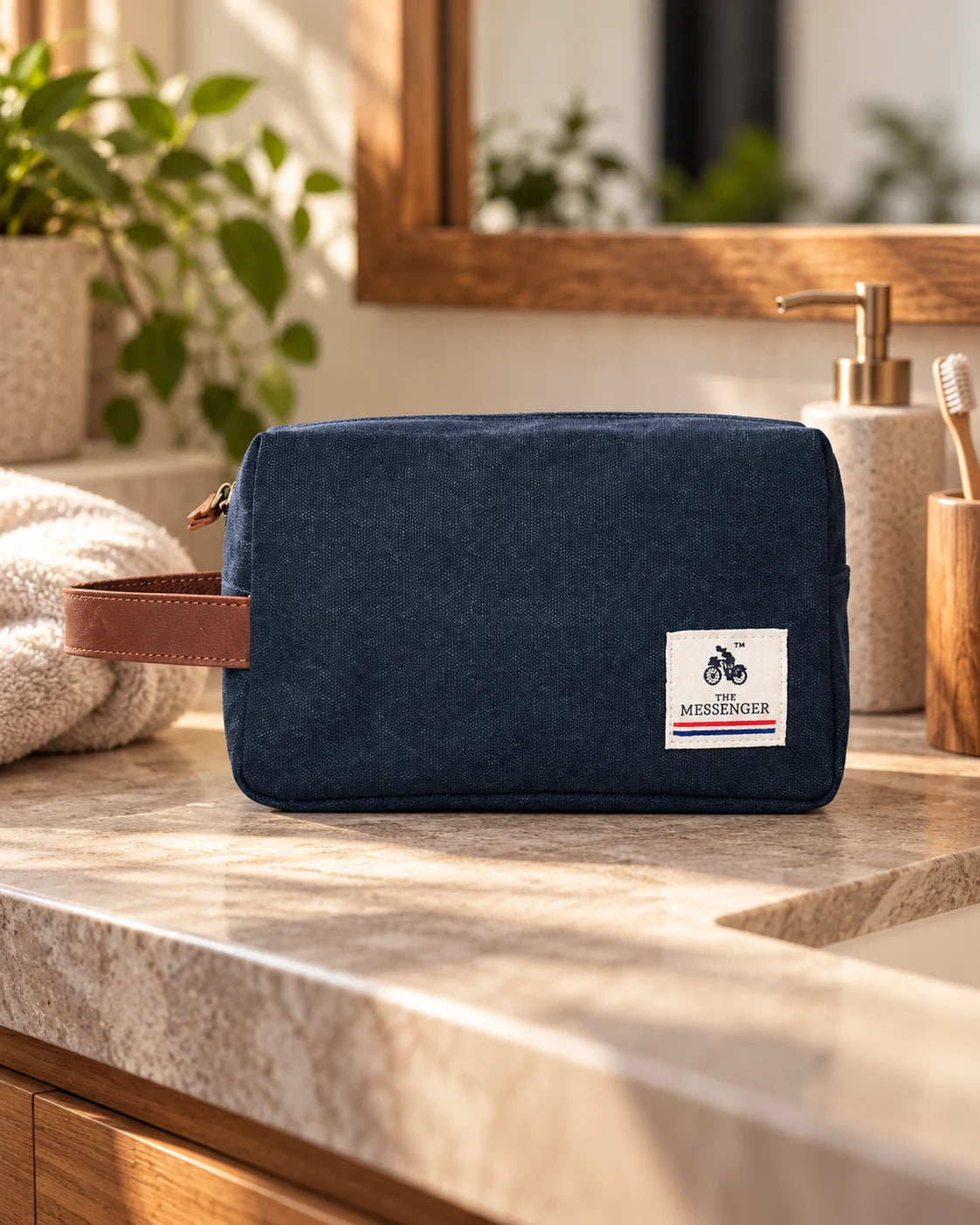 The Messenger navy canvas toiletry bag with brown leather side handle on a warm bathroom countertop
